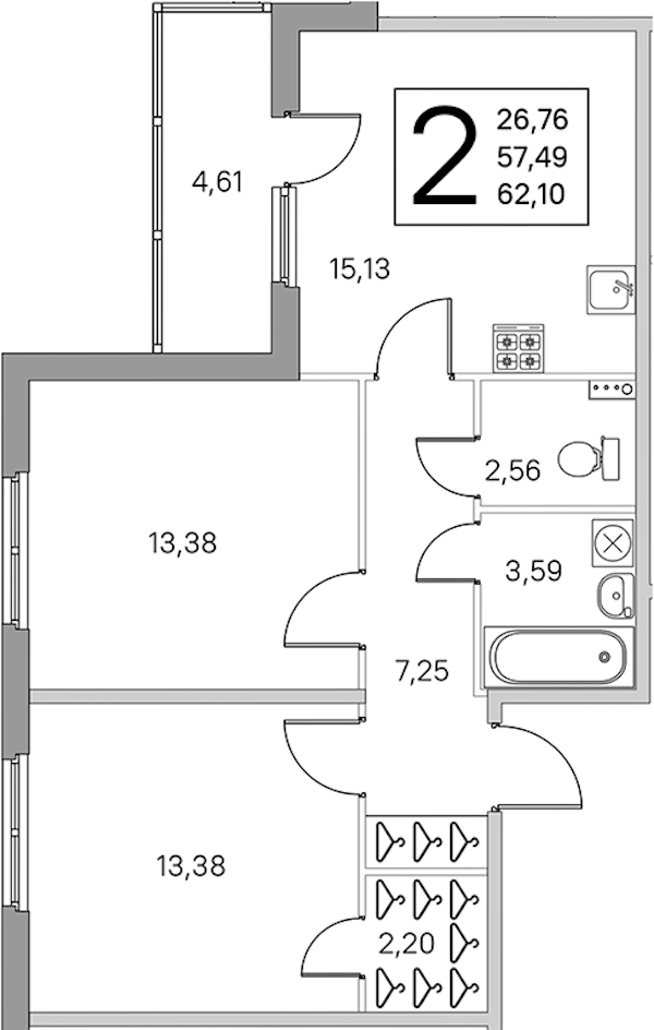 2-комнатная квартира 59.8 м², 1/4 эт., ЖК «Любоград в Стрельне»